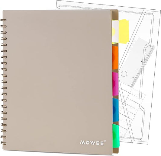 5 Subject Notebook - Spiral Notebook, College Ruled Notebook With Dividers Pocket, Tabs, 11" Ruler, 200 Pages, for Writing Journal, Home & Office, School Supplies, 8.5''x11'' CoCo Brown
