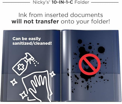 Nicky's® Multi Pocket Organizer, 10 or 14 Page Folder, Waterproof, Patented Tear-Resistant, Flexible Plastic, Proudly Made in USA, Binder Substitute. (10-in-1 Clear Inside/Navy Blue Outside)