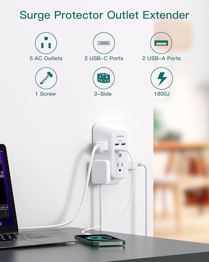 Outlet Extender Surge Protector - Addtam 5-Outlet Splitter with 4 USB Wall Charger(PD 20W), Multi Plug Wall Outlet Power Strip for Home, Dorm Room Essentials