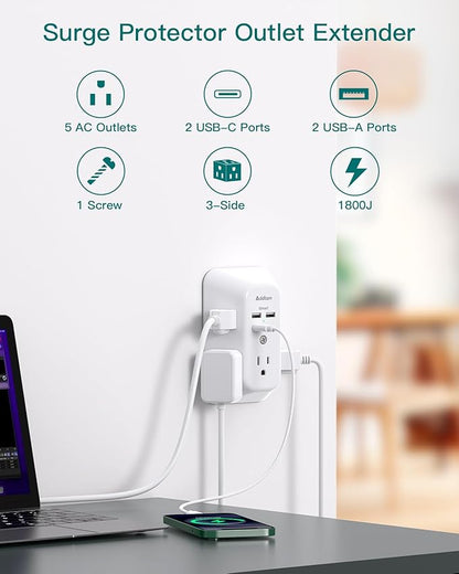 Surge Protector Outlet Extender - Addtam 5-Outlet Splitter with 4 USB Wall Charger(2 USB-C Ports), Multi Plug Outlet Power Strip for Home, Dorm Room Essentials