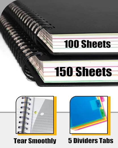 5 Subject Notebook - Spiral Notebook, College Ruled Notebook With Dividers Pocket, Tabs, 11" Ruler, 300 Pages, for Writing Journal, Home & Office, School Supplies, 8.5x11'' Purple150Sheets