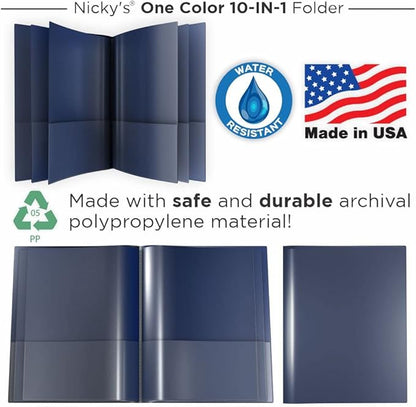 Nicky's® Multi Pocket Organizer, 10 or 14 Page Folder, Waterproof, Patented Tear-Resistant, Flexible Plastic, Proudly Made in USA, Binder Substitute. (10-in-1 Navy Blue)