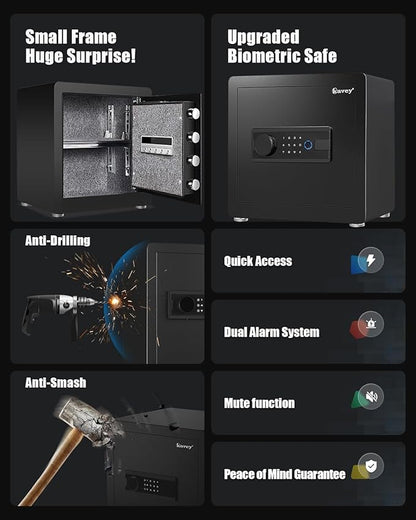 Kavey 1.6 Cub Biometric Safe, Home Safe with Backlit Touch Screen Keyapd and Dual Alarm System, Money Safe with Mute Function and LED Light, Small Safe Box for Home Documents Valuables