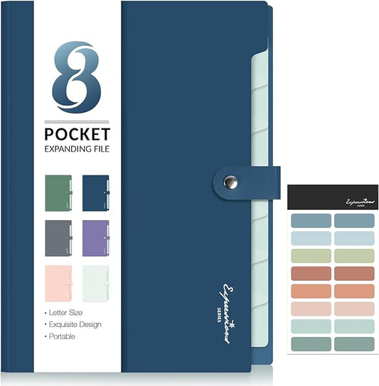 Sooez Elegant Accordion File Organizer with Labels, 8 Pocket Expanding File Folder, Portable Folders for Documents, Cute Paper Organizer for School Office Supplies, Letter Size, Blue