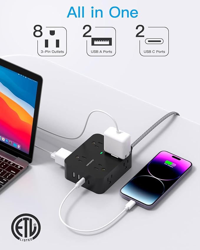 Extension Cord 20 Ft, Power Strip Surge Protector with 8 Outlets 4 USB Ports(2 USB C), Long Cord, Flat Plug, Wall Mount, Desk USB Charging Station for Home Office Essentials