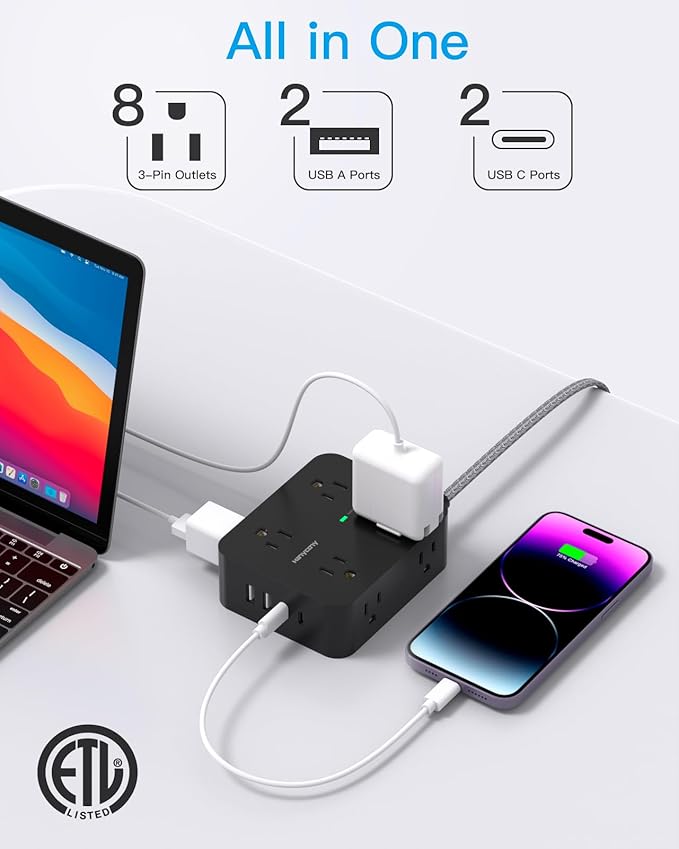 Extension Cord 25 Ft, Surge Protector Power Strip with 8 Outlets 4 USB Ports(2 USB C), Long Cord, Wall Mount, Desk USB Charging Station for Home Office College Dorm Room Essentials