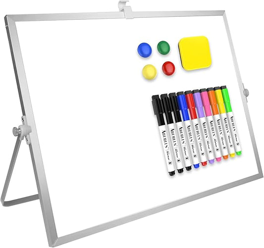 Dry Erase White Board, 16inX12in Large Magnetic Desktop Whiteboard with Stand, 10 Markers, 4 Magnets, 1 Eraser, Portable Double-Sided White Board Easel for Memo to Do List Desk Office