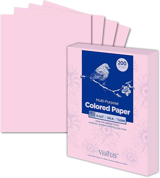 Veritas Colored Copy Paper, Pink Colored Printer Paper 8.5” x 11”, 20 lb / 75 GSM, 200 Sheets (1 Reams) Computer Paper, Multi-Purpose paper, Made in USA