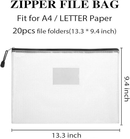 Sooez 20 Pack Mesh Zipper Pouch with Label Pocket, Plastic Zip File Folders, Letter Size A4 Zipper Document Bag for School Office Supplies, Black