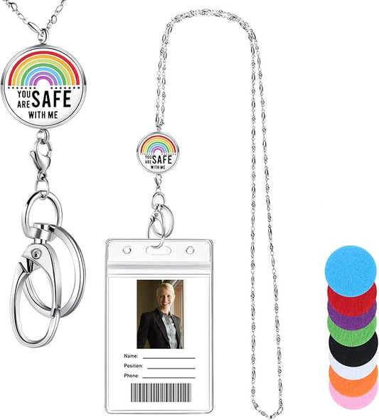 Lanyards for ID Badges, Teacher Lanyard with ID Holder Teacher Appreciation Gifts Nurse Accessories Work Jewelry Stainless Steel Chain Keychain Necklace Badge Lanyards for Women You are Safe with Me