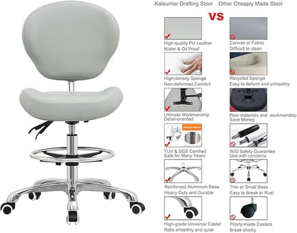 Kaleurrier Adjustable Stools Drafting Chair with Backrest & Foot Rest,Tilt Back,Swivel Seat,Rolling Wheels,for Studio,Dental,Office,Salon and Counter,Armless Tall Home Desk Chairs (Grey)