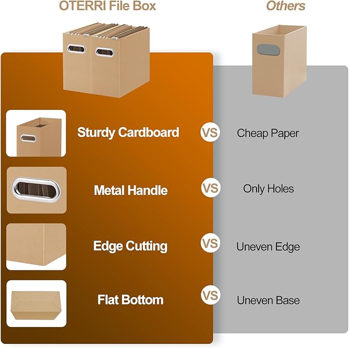 Oterri File Organizer, Small Storage Box, Cardboard File Folder Organizer, Collapsible File Box, Hanging File Organizer for Letter Size, Portable File Box with Handle, Only Box (Brown,2 Packs)