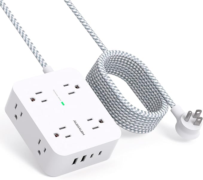 10 Ft Surge Protector Power Strip, Extension Cord with 8 AC Outlets 4 USB (2 USB C) Ports, Flat Plug, Wall Mount Desk USB Charging Station for Home