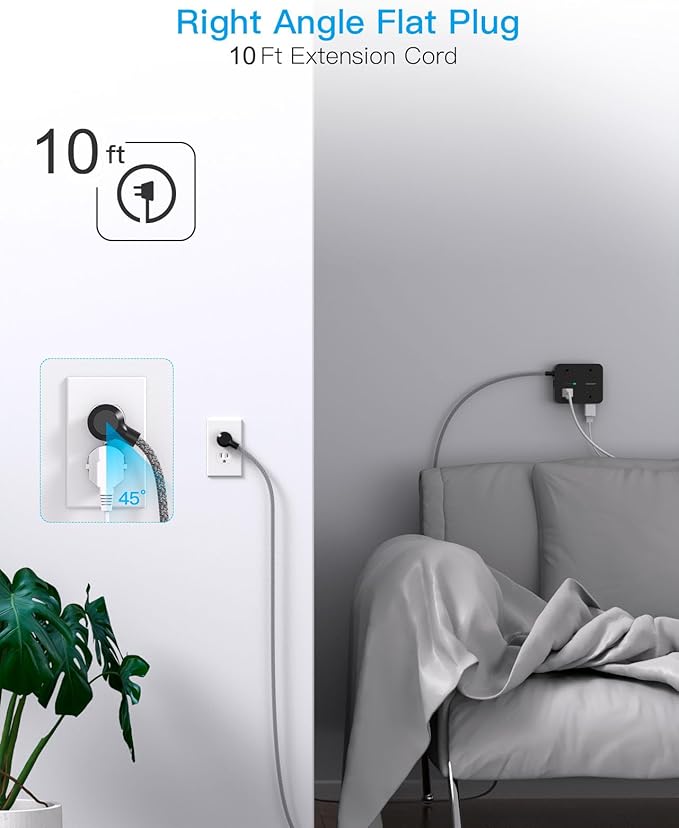 Power Strip Surge Protector 10 Ft Cord, Extension Cord Flat Plug with 8 Outlets 4 USB Ports(2 USB C), Wall Mount, Desk Charging Sation for Home Offcie