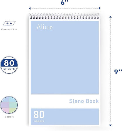 Steno Pads Spiral 6x9-12 Pack Pastel Colors - Perfect for Work, School, and Home Use, Easy Tear-Off Pages, Gregg ruled, White Paper - No Ink Bleeds - 80 Sheets