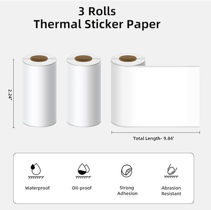 White Self-Adhesive Thermal Paper, Printable Sticker Paper for ORGSTA S002 Portable Sticker Printer, Black on White, 57mm x 3m Mini Printer Paper for Journal, Photo, Study Notes - 3 Rolls