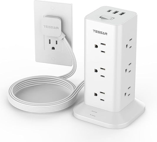 Power Strip Tower with Surge Protection, TESSAN Flat Plug Extension Cord 6 Feet with 12 Multiple Outlets 3 USB Ports (1 USB C), 900J Surge Protector Tower for Home,Supplies for Dorm Room Essentials
