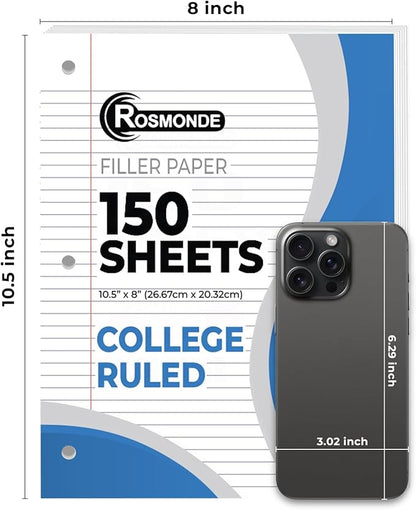 Loose Leaf Paper, 900 Sheets, 6 Pack, College Ruled, 8" x 10.5", 56 gsm Bulk Office Filler Paper, 3 Hole Punched, 150 Sheets/Pack, College Ruled Paper for 3 Ring Binder, Notebook Paper, White