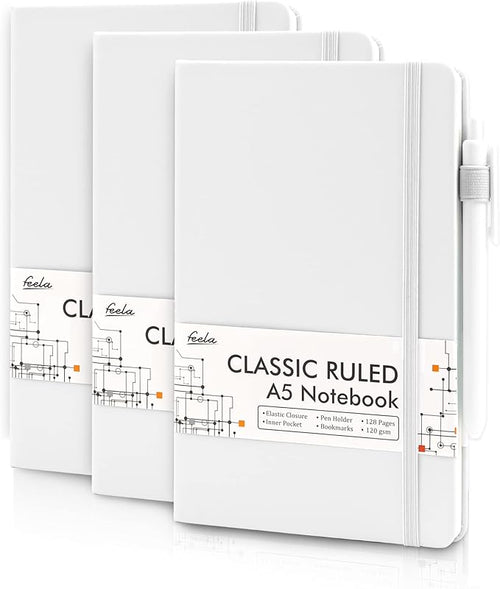 feela 3 Pack Notebooks Journals Bulk, Hardcover Notebook Classic Ruled Lined Journals with Pen Holder for Women Girls School Business Supplies, with 3 Black Pens, 120 GSM, 5.1”x8.3”, A5, White