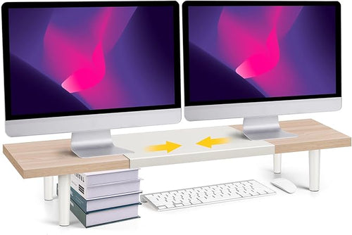 Dual-Monitor-Stand-Riser-For-Desk Adjustable Length 32-40 Inch，Large Desktop Computer Monitor Riser For 2 Screens，Desk Shelf Organizer Riser Stand For Computer/Laptop/PC/Printer/TV Maple