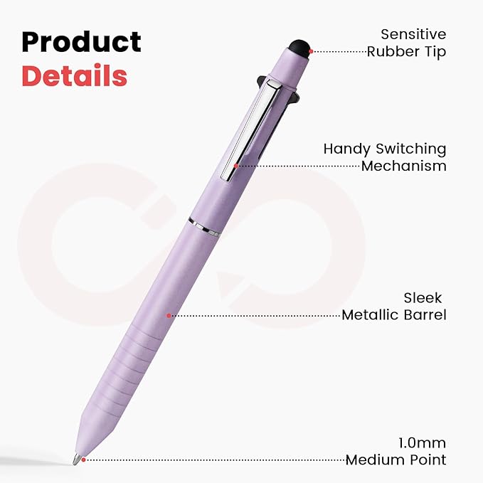 Sooez Multicolor Pen in One, Sleek Metallic 4 Color Ballpoint Pens, Medium Point (1.0mm), Retractable Ball Pen with Stylus Tip, Journaling Planner Pens for Nursing School Office Supplies, 3 Pack