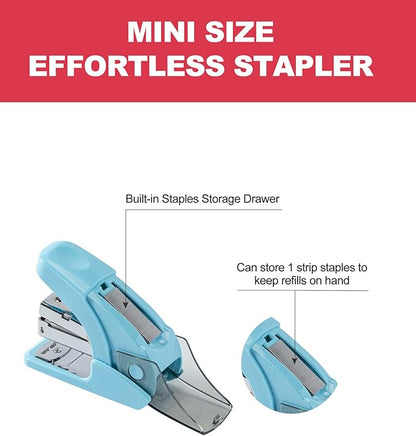 PAPERPAL Effortless Mini Stapler Set, 20 Sheet Capacity, Integrated Remover & Staple Storage, Holds 1/4" Staples, Includes 1000 Staples, Lightweight, Office, School & Daily Use, Light Blue