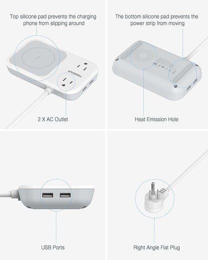 Wireless Charger Small Power Strip 2 USB A Ports, TESSAN Mini Flat Plug Nightstand Desktop Charging Station with 2 Outlet 4 ft Extension Cord, Compatible with iPhone and Samsung for Dorm Room Cruise