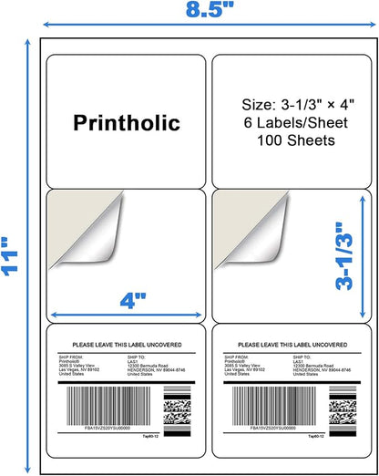 600 6 Per Sheet Label Address Labels 3-1/3" x 4" Self Adhesive Sheets Shipping Labels Easy Peel & Feed White Stickers for Laser & Inkjet Printers (100 Sheets, 600 Labels)