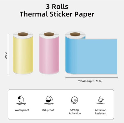 Yellow/Pink/Blue Self-Adhesive Thermal Paper, Printable Sticker Paper for ORGSTA S002 Portable Sticker Printer, 57mm x 3m Mini Printer Paper Suitable for Journal, Photo, Study Notes - 3 Rolls