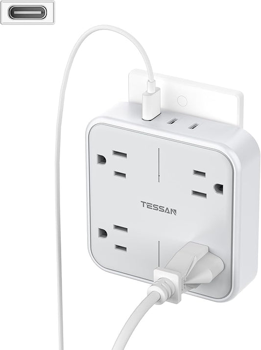 Multi Plug Outlet Extender, TESSAN 4 Outlet Splitter 3 USB Wall Charging Ports (2 USB C), Wide Spaced Multiple Expander Surge Protector for Office, Home, College Dorm Room