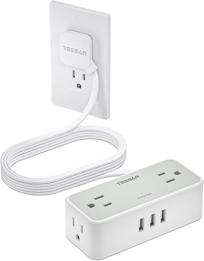 Ultra Thin Flat Plug Extension Cord 10 ft, TESSAN Surge Protector Power Strip with 4 Widely Space AC Outlets 3 USB Charging Ports, 900 Joules Protection for Home Office School Dorm Room