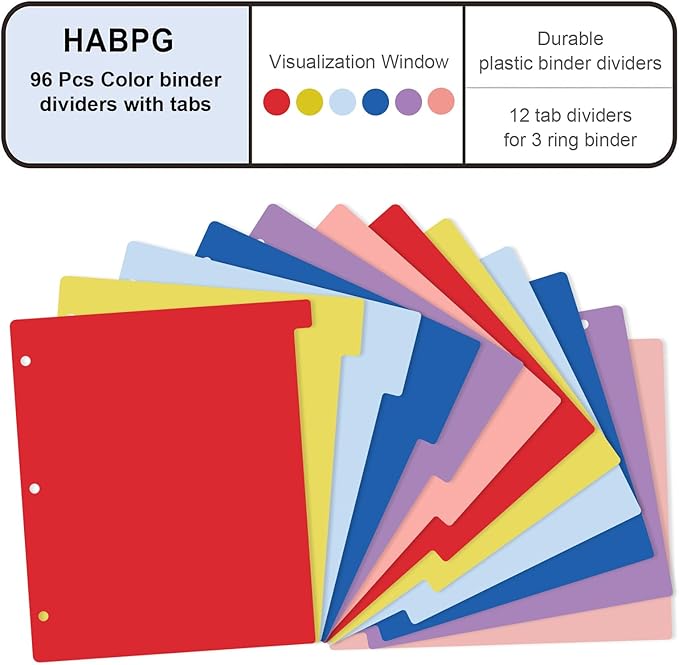 HABGP 12 Tab Dividers for 3 Ring Binder, 96 Pcs Multicolor 3 Ring Binder Dividers with Tabs, Page Folder Dividers, Plastic Tabbed File Dividers with Tabs, Three Ring Binder Index Dividers, 8 Set