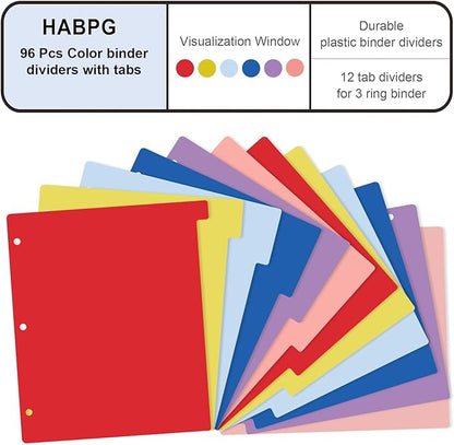 HABGP 12 Tab Dividers for 3 Ring Binder, 96 Pcs Multicolor 3 Ring Binder Dividers with Tabs, Page Folder Dividers, Plastic Tabbed File Dividers with Tabs, Three Ring Binder Index Dividers, 8 Set