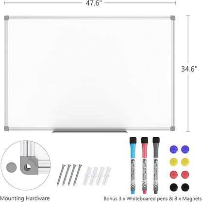 Lockways White Board Dry Erase Board 48 x 36 Inch, Magnetic Whiteboard 4 x 3, Silver Aluminium Frame, Set Including 1 Detachable Aluminum Marker Tray, 3 Dry Erase Markers, 8 Magnets