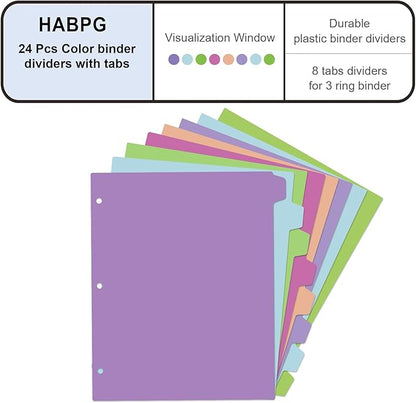 HABGP 24Pcs/3 Set Binder Dividers with Tabs, 8 Color Tab for 3 Ring Binder Dividers, Page Folder Dividers for 3 Ring Binder Sheet Paper Protectors, Plastic Tabbed File Dividers with Tabs