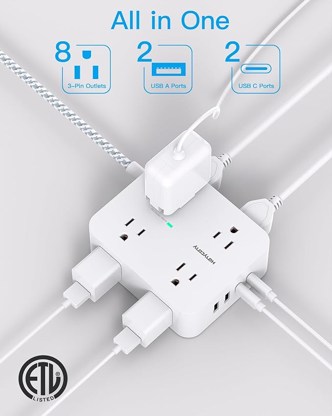 10 Ft Surge Protector Power Strip, Extension Cord with 8 AC Outlets 4 USB (2 USB C) Ports, Flat Plug, Wall Mount Desk USB Charging Station for Home