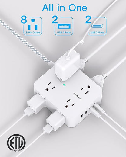 10 Ft Surge Protector Power Strip, Extension Cord with 8 AC Outlets 4 USB (2 USB C) Ports, Flat Plug, Wall Mount Desk USB Charging Station for Home