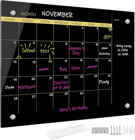 Okydoky Glass Dry Erase Whiteboard,Monthly Calendar Whiteboard,12" x 16",Frameless Glass White Board for Home,School,Office,Black Surface(GlassA-BK-3040)