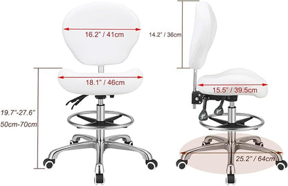 Kaleurrier Adjustable Height Drafting Stool Drafting Chair with Backrest & Foot Rest,Swivel Rolling Stools,for Work Studio,Dental,Office,Salon and Counter,Tall Home Desk Chairs (White)