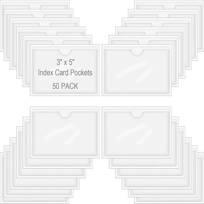 50 Pack Self-Adhesive Index Card Pockets for 3" x 5" Card,Clear Plastic Labels Holders with Top Open for Loading, Storage Bins, Library and Bins