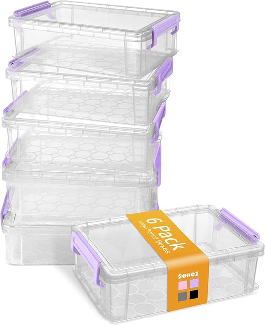 Sooez 6 Pack Extra Large Pencil Box, Plastic Pencil Case Crayon Box Bulk, Clear Marker Organizer Plastic Containers with Lid, Stackable Storage Box for Craft, Pen, Art, School Supply, Purple