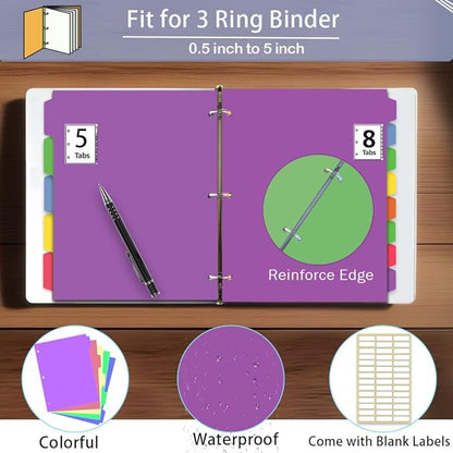3 Sets Dividers for 3 Ring Binder,8 Tab Plastic Binder dividers with Tab,Colored Binder Separators for Letter Size,Write on Page Dividers for Shool Office Home