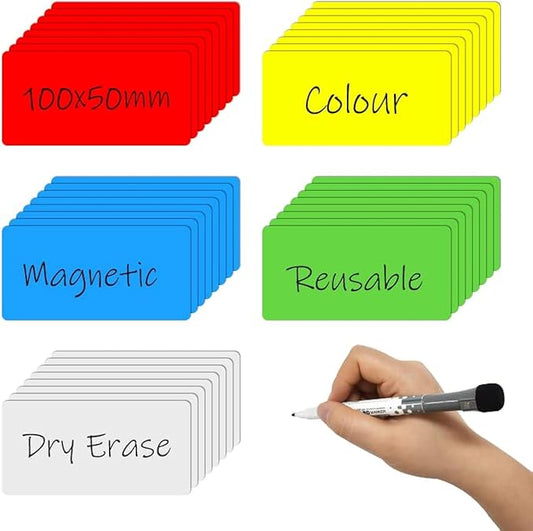 Dry Erase Magnetic Labels, 4x2 Inch, 40 Pieces in 5 Colors, Reusable, for Whiteboards, Locker, School, Classroom, Office, Home