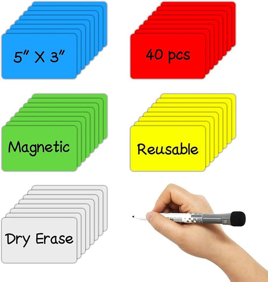 Dry Erase Magnetic Labels 5x3 Inch, 40 Pack, Reusable Magnetic Dry Erase Labels for Whiteboards，Locker, School, Classroom, Office, Home