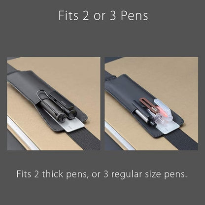 Adjustable Elastic Band Pen Holder, Pencil Holder, Pen Sleeve Pouch for Hardcover Journals, Notebooks, Planners, Binders, Fit Notebooks from 8" to 11” in Height, PU Leather, Detachable, Black