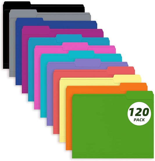 File Folder, PANDRI 120 Pack Colored File Folder, 1/3 Cut Tab, Letter Size, Assorted 12 Colors Filing Folder for Office School Business