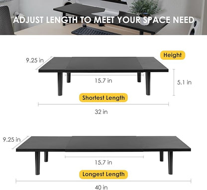 Dual-Monitor-Stand-Riser-For-Desk Adjustable Length 32-40 Inch，Large Desktop Computer Monitor Riser For 2 Screens，Desk Shelf Organizer Riser Stand For Computer/Laptop/PC/Printer/TV Black