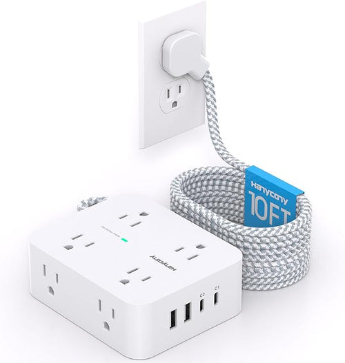 10 Ft Extension Cord with Multiple Outlets, Flat Plug Power Strip Surge Protector 10 Ft Long Cord, 8 Outlets, 30W USB C Charger (2 USB C Ports), Multi Plug Wall Outlet for College Dorm Room Essentials