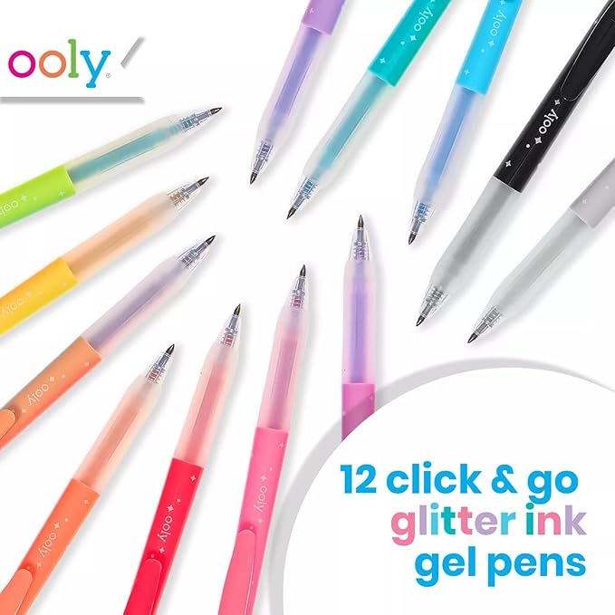 Ooly Oh My Glitter Gel Pens - Easter Activities for Kids, Set of 12 Cute School and Art Supplies for Girls, Planner Pen with Comfort Grip, Ideal Retractable Glitter Pens for Decorations & Office Use