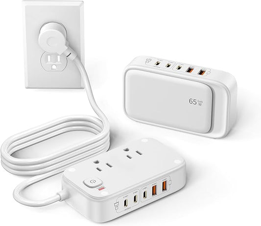 Power Strip with USB Ports, 65W USB C Charger for Laptop 5FT Flat Extension Cord Outlet Extender with 2 AC Outlets, 3 USB C Ports, 2 USB A Ports, Surge Protector Desktop USB Charging Station